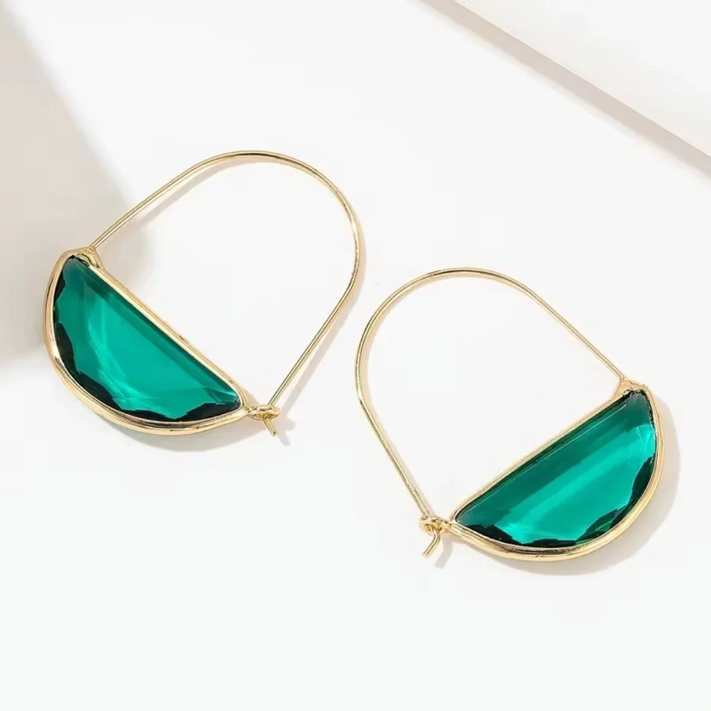 Emerald Green Glass Crescent Hoop Gold Earrings